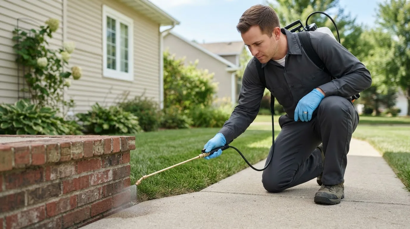 Pest control technician treating a home near Clatskanie, OR